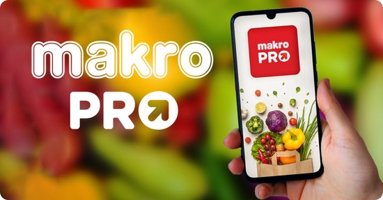 Makro PRO — the app on a phone against a produce aisle