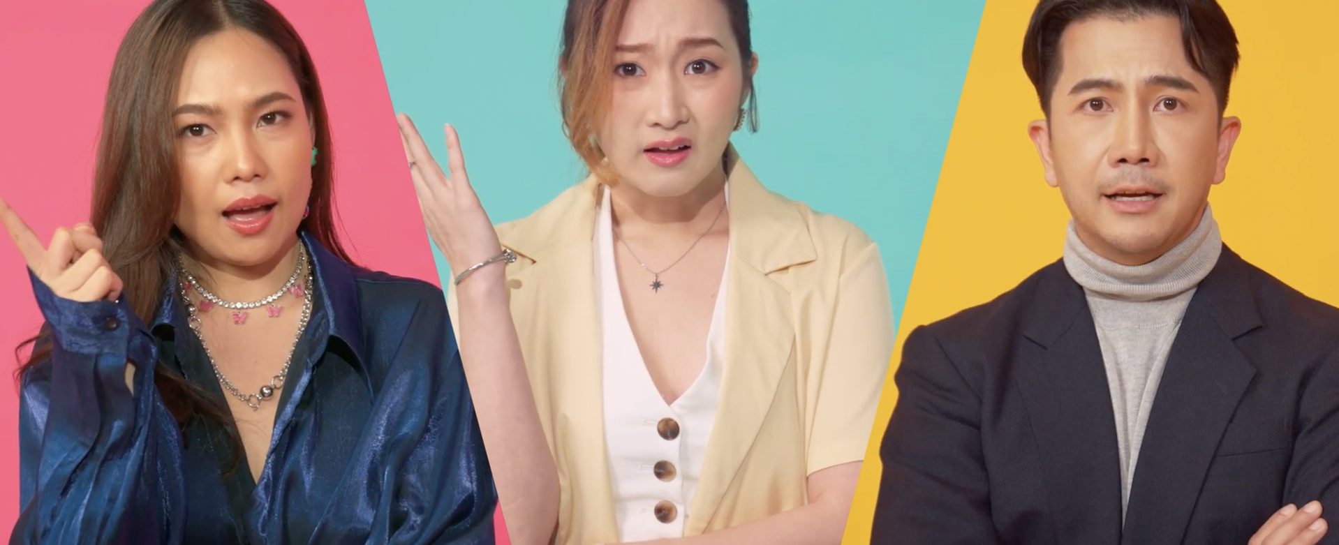 Still from a Primal brand video: three speakers against pink, mint and yellow backgrounds
