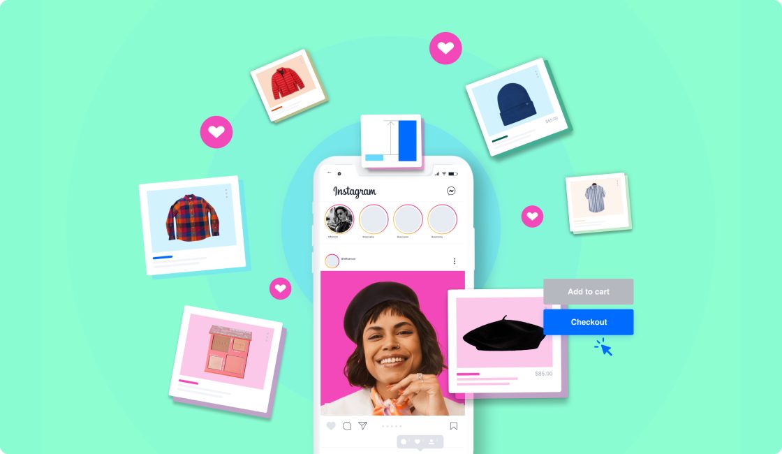 Illustration of a phone screen showing a social media post, surrounded by fashion product images and an add-to-cart button